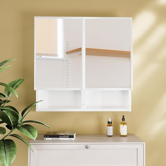 32x26 Inch Bathroom Medicine Cabinet with Mirror, Double Door Wall Mounted Storage with Extra Drawers, Bevel Edge Mirror, Adjustable Shelves, for Recessed or Surface Mount Installation