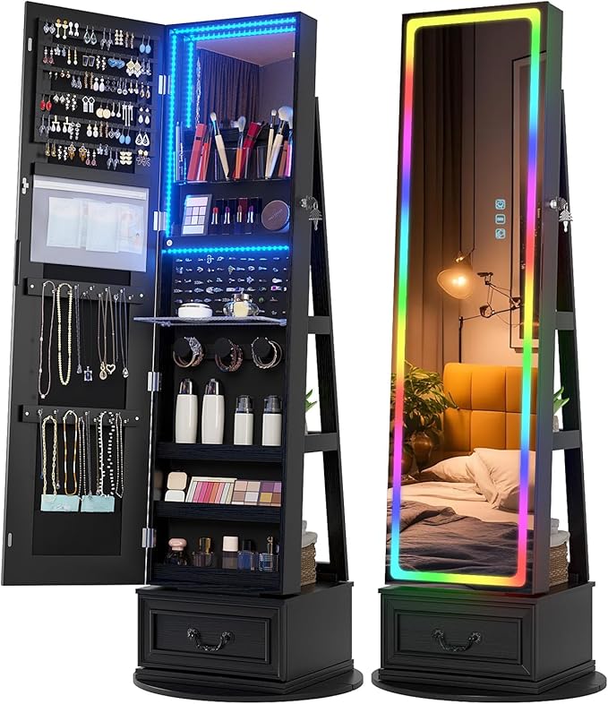 Vlsrka LED Mirror Jewelry Cabinet with Lights, Lockable Full Length Mirror with Storage, Standing Jewelry Armoire Organizer with Touch Screen&RGB Modes for Small Bedroom Spaces, Gift for Women, Black