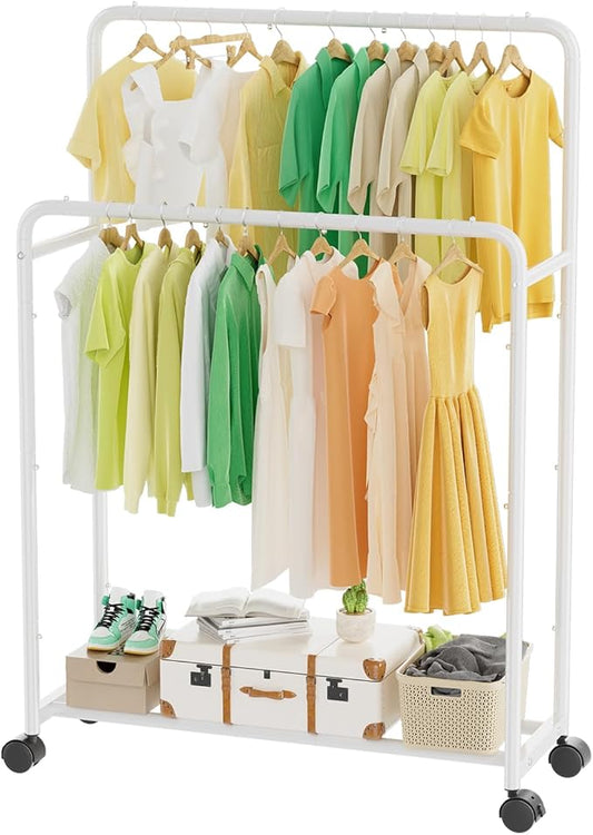 Simple Trending Clothing Clothes Rack Double Rods with Wheels, Rolling Metal Garment Rack for Hanging, White