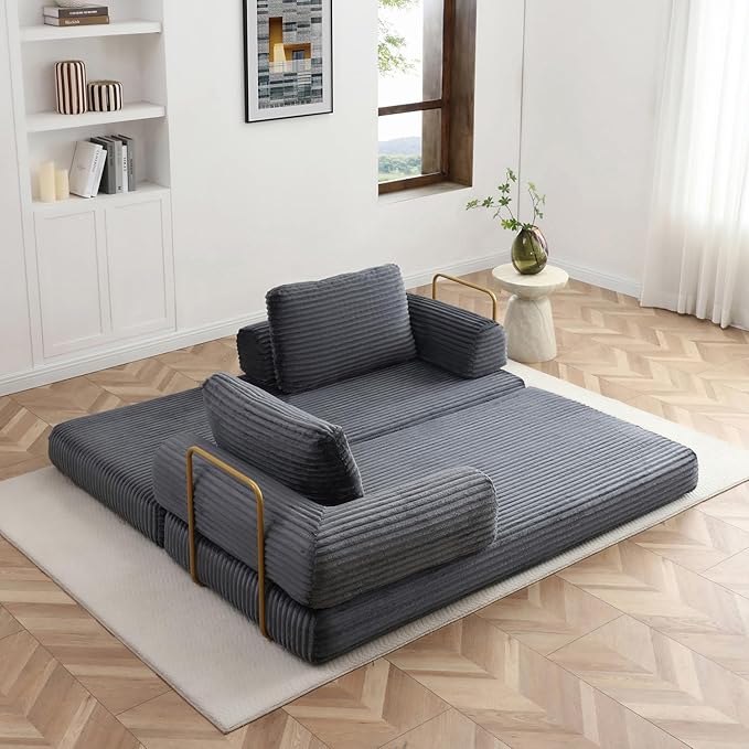 HANXIN 80 Inch Convertible Sleeper Sofa Bed, High Back Plush Corduroy Folding Floor Mattress Couch with Fixed-Shape Frame, Boneless Futon Loveseat with Pull Out Bed, No Assembly Required (Grey)