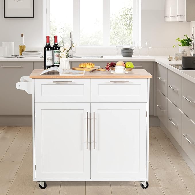COSTWAY Kitchen Island on Wheels, Kitchen Cart with Side Towel Bar, 2 Drawers, 2 Door Cabinet, Rolling Storage Trolley Cart with Rubber Wood Top & Lockable Casters (White)