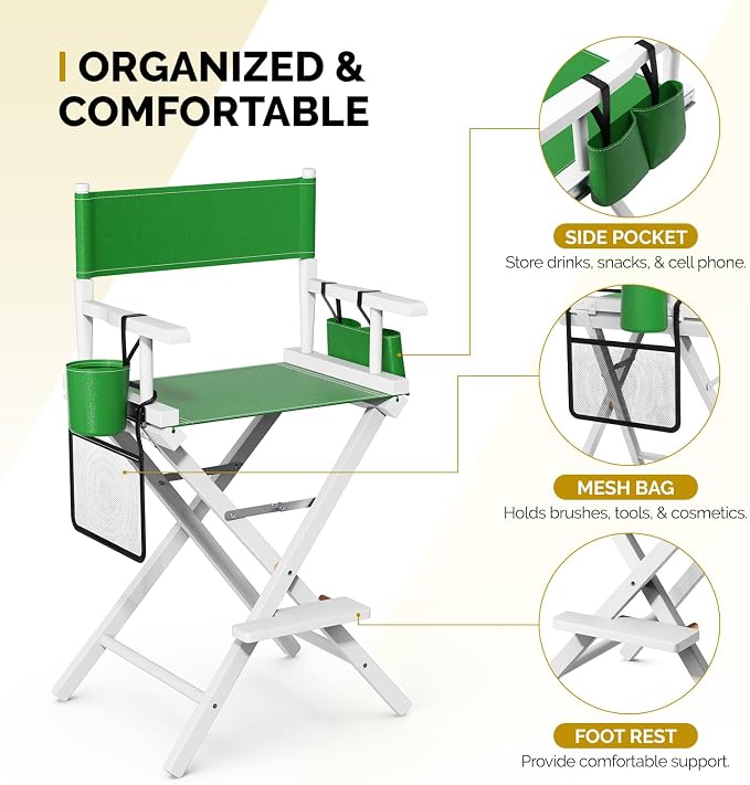 OmySalon 26" H Tall Directors Chair, Wooden Portable Folding Makeup Chair w/Storage Pouch & Footrest, Professional for Salon/Events/Mobile Services, 250lb Capacity, Olive Green Canvas & White Frame