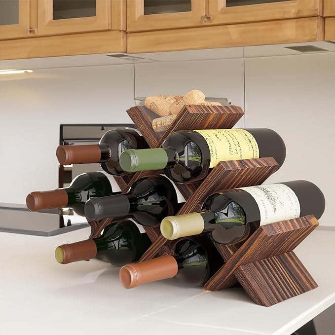 Rustic State Alella Countertop Wood Wine Rack for 8 Bottles Holder and Cork Storage Tabletop Butterfly Sleek Design Freestanding Organizer - Home, Kitchen, Dining Room Bar Décor - Walnut