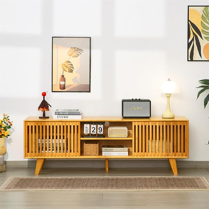 Bamboo TV Stand for TVs up to 65", Accent Entertainment Center with Storage, Media Console Table with Sliding Fence Door, Modern TV Stand for Living Room, Bedroom, 55"(L), Burlywood