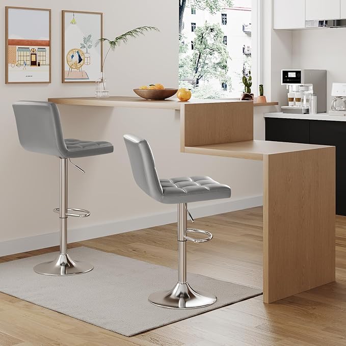 Furmax Bar Stools Modern Pu Leather Swivel Adjustable Hydraulic Bar Stool Square Counter Height Stool Set of 2 (Light Gray)