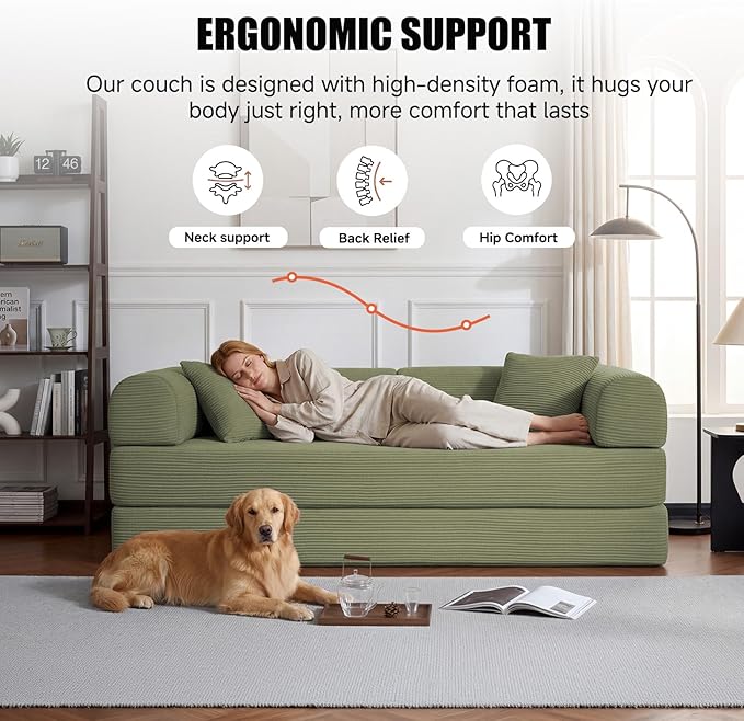 79" Compressed Sofa, Convertible Sofa Bed, Corduroy Compression Boneless Couch with Pillow, Comfy Modular Foldable Floor Sleeper Sofa for Bedroom, Living Room, Lounge, Studio (Light Green)