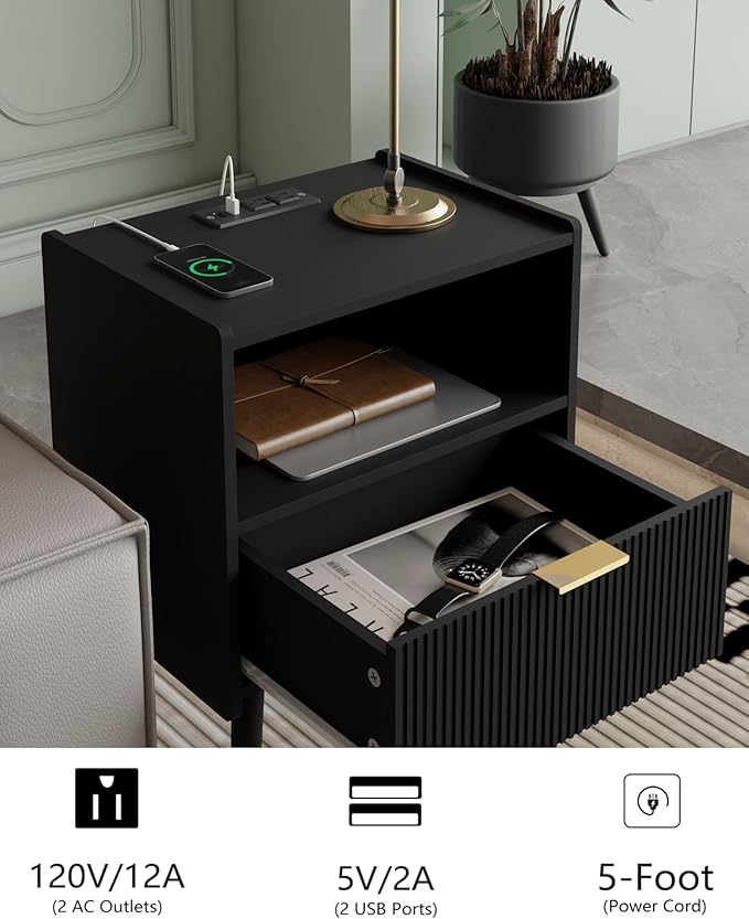 Veegle Nightstand,Modern Bedside Table with Storage Drawer and Open Wood Shelf, Accent Night Stand with Solid Wood Legs for Living Room, Bedroom and Small Spaces,Easy Assembly (Black-Outlet)