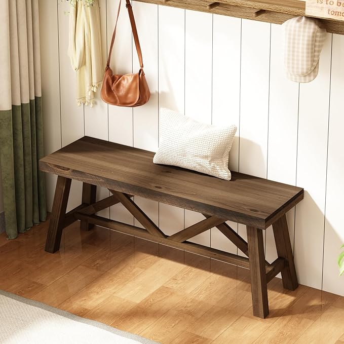 Wnutrees 43" Farmhouse Wood Bench, Rustic Solid Wood Entryway Bench Seat with Double X-Structure for Dining Area Living Room Hallway, Structural Stability, Natural