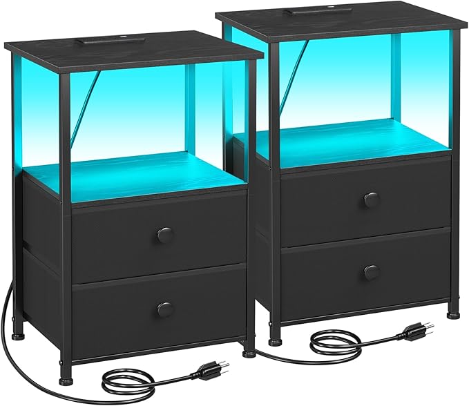 LOAKEKEL Night Stand Set 2, LED Nightstand with Charging Station, End Tables with Storage Shelf, Bed Side Table with 2 Fabric Drawers for Bedroom, Small Spaces, Black, HETS02BK