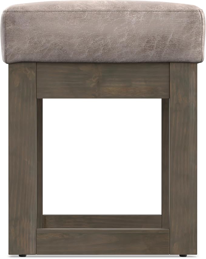 SIMPLIHOME Milltown Small Ottoman Bench - 27" Wide x 18" High Upholstered Vegan Leather Rectangle Footstool Ottoman in Distressed Grey Taupe, Contemporary Bench with Cushioned Seat, Assembled