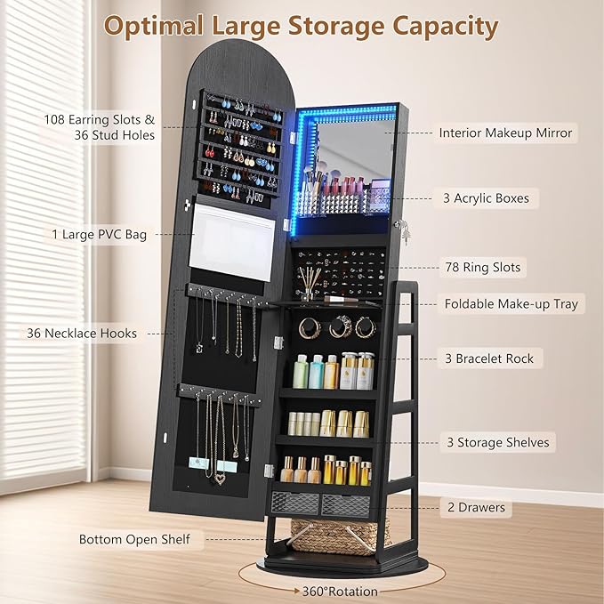 HWB Black Mirror Jewelry Cabinet with Storage, Arched Jewelry Armoire w/Full Length Mirror & 360° Swivel, Standing Jewelry Holder Organizer with Rear Storage Shelves & Hooks, Lockable