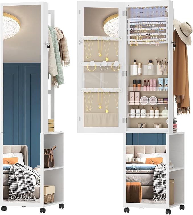 Hzuaneri 8 LEDs Jewelry Cabinet Armoire, 66.9-inch Jewelry Organizer with Garment Rack, Lockable Full-length Mirror with 4 Wheels, Storage Shelves with Hooks, 5-in-1, White and Beige JC17003BE