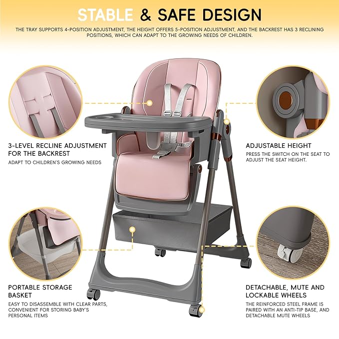 Foldable Baby High Chair with 150° Swing & Recline,Convertible High Chairs for Babies and Toddlers,5 Height Levels,3 Backrest & Footrest Positions,Removable Double Tray,Lockable Wheels (Pink)
