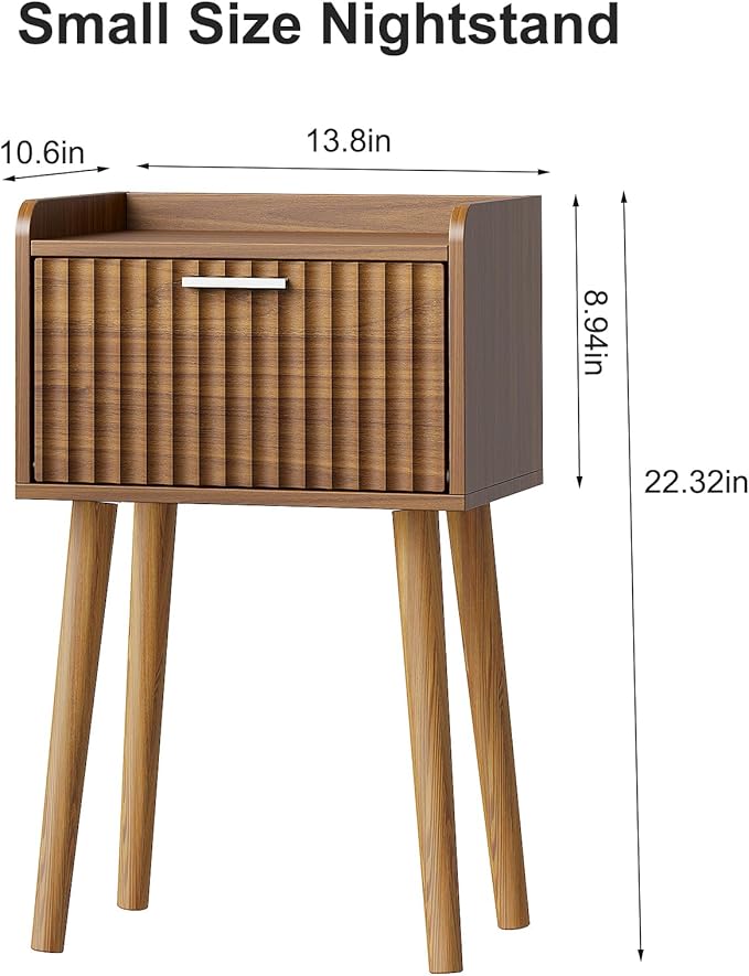 LAATOOREE Small Nightstands Set of 2, Side End Table, Bedside Table with Fluted Door, Solid Wood Feet; for Bedroom, Small Bed
