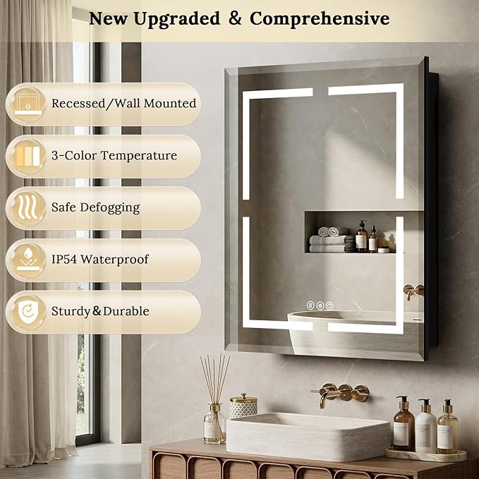16"X24" Bathroom Medicine Cabinet with Mirror, LED Lighted Medicine Cabinet with Anti-Fog, 3 Colors Temperature Stepless Dimmable, Metal Cabinet for Storage and Mordern Decor, Black