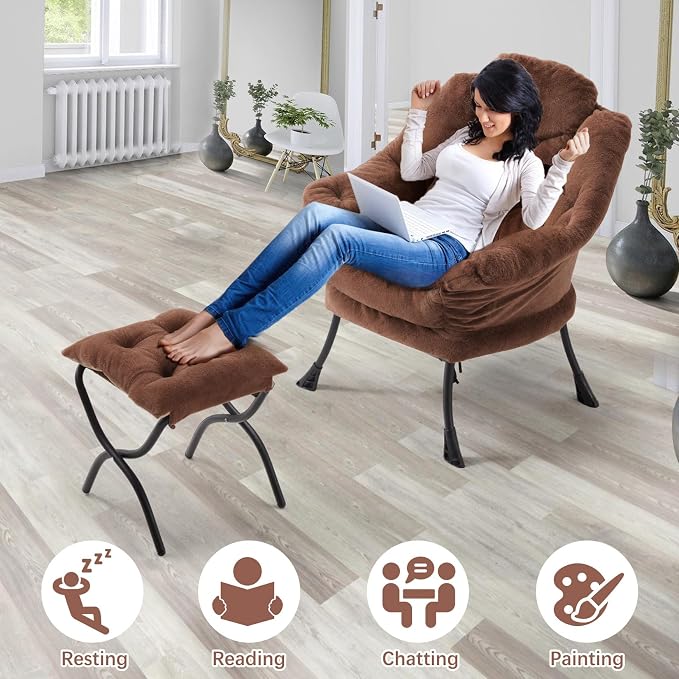 Lazy Chair with Folding Ottoman,Leisure Sofa Chair,Soft Fabric Armchair with Armrests and Side Pockets, Reading Chair with Footrest for Living Room, Bedroom, Office (Plush Dark Brown)