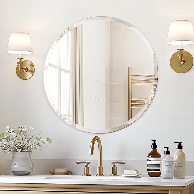 USHOWER Frameless Round Bathroom Mirror 24", Circle Vanity Mirror for Wall Decor, with Beveled Edge, for Bathroom, Living Room, Entryway, Modern & Elegant Look