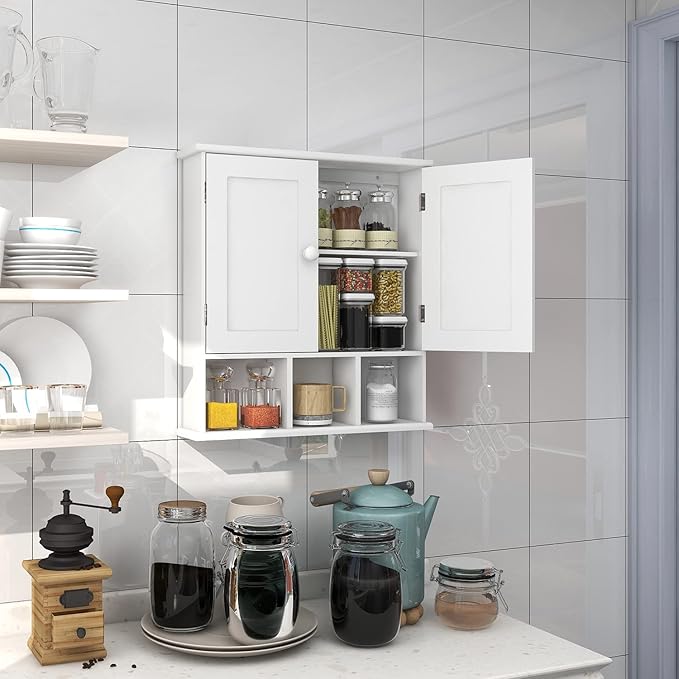 TaoHFE White Bathroom Wall Cabinet with 2 Door Adjustable Shelves,Over The Toilet Storage White Wall Mounted Medicine Cabinets for Bathroom Laundry Room Kitchen