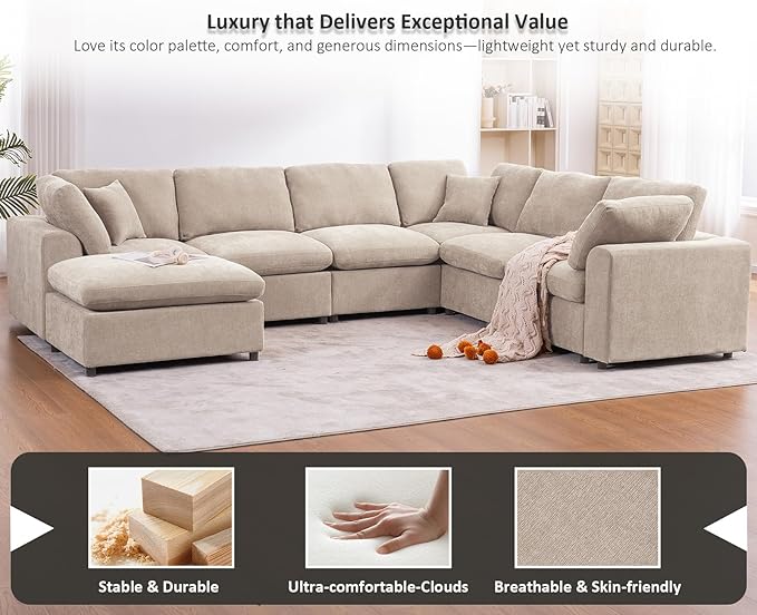 Oversized Modular Sectional Sofa Couch, Large 7 Seater Corner Sofa Modern U Shaped Sectional Couch with Ottoman Cloud Couches for Living Room, Office, Spacious Space