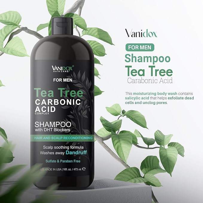 Tea Tree Shampoo with Organic Tea Tree Oil and Carbonic Acid - For Men's Itchy and Dry Scalp, Fights Hair Loss, Stimulates Growth - With DHT Blockers (16 FL Oz)