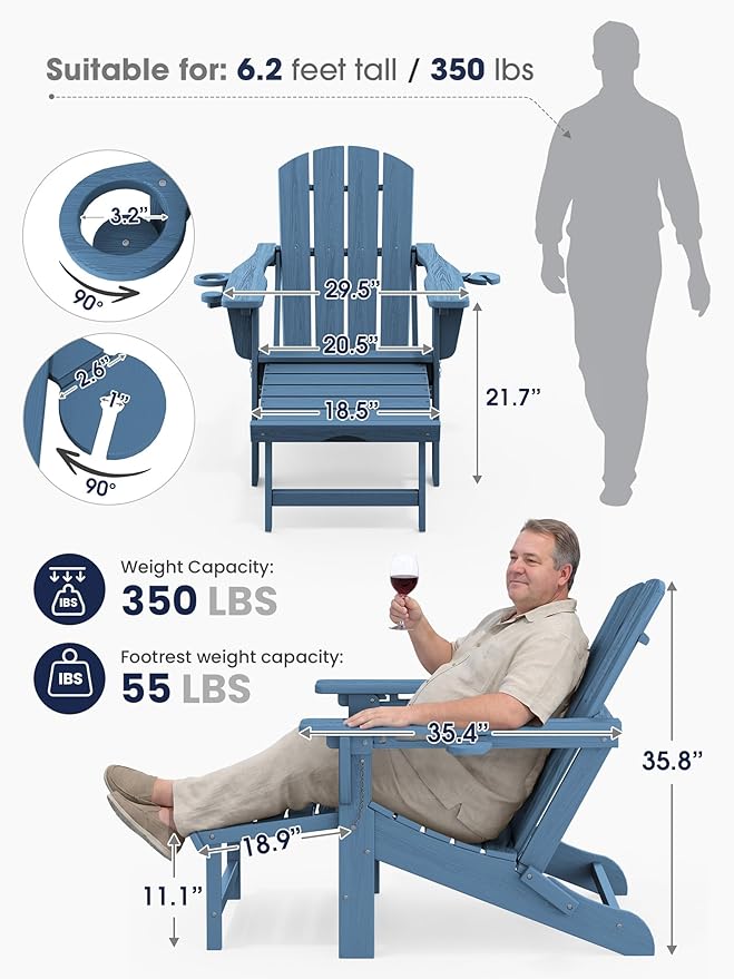 KINGYES Folding Adjustable Adirondack Chairs with Ottoman & 2 Cup Holders Set of 2, HDPE Adirondack Recliner Chair with Footrest, Blue