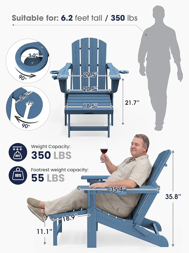 KINGYES Folding Adjustable Adirondack Chair with Retractable Ottoman, HDPE Recliner Adirondack Chair with Cup Holder, Blue