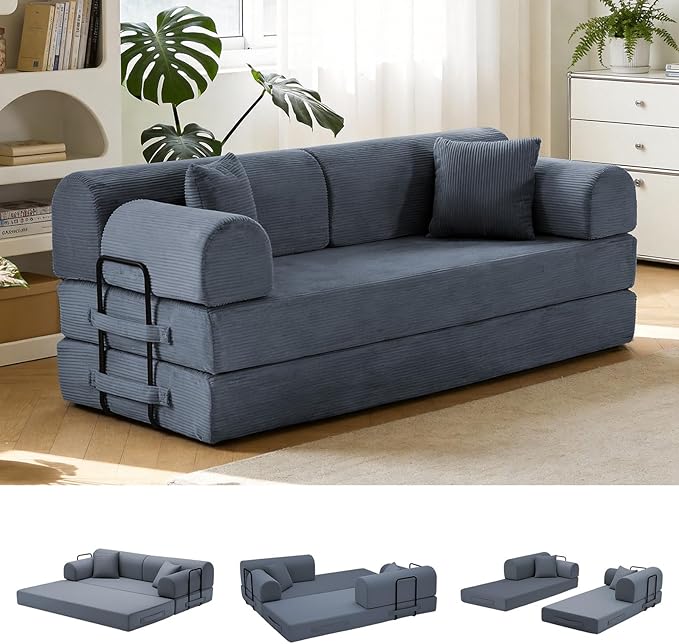 78.8" Convertible Sofa Bed with Detachable Arm Pillow, 6-in-1 Sectional Couches for Living Room, Corduroy Boneless Couch, Sleeper Loveseat Couch Bed, No Assembly, Gray Couch