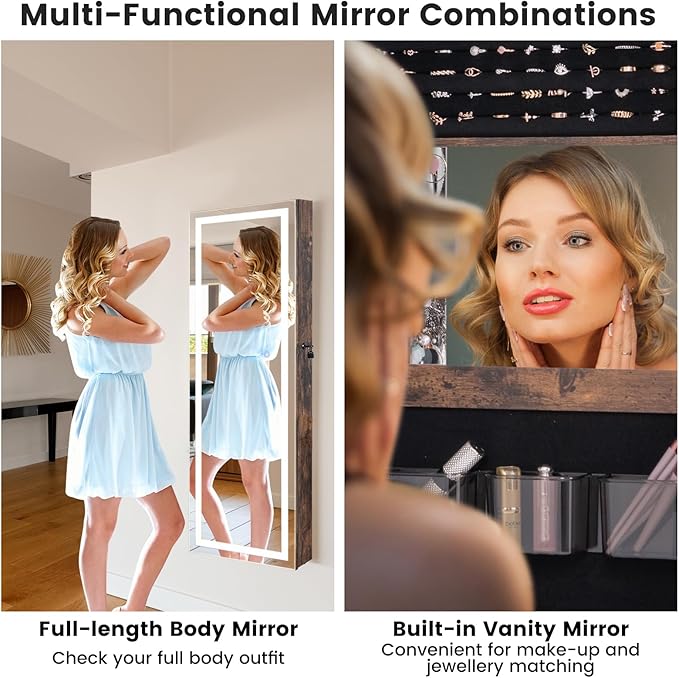 CHARMAID LED Mirror Jewelry Cabinet, 47.2'' Jewelry Armoire with Adjustable Lighted Full Length Mirror, Wall Mounted or Door Hanging, Lockable Jewelry Organizer Storage (Rustic Brown, 47.2''H)