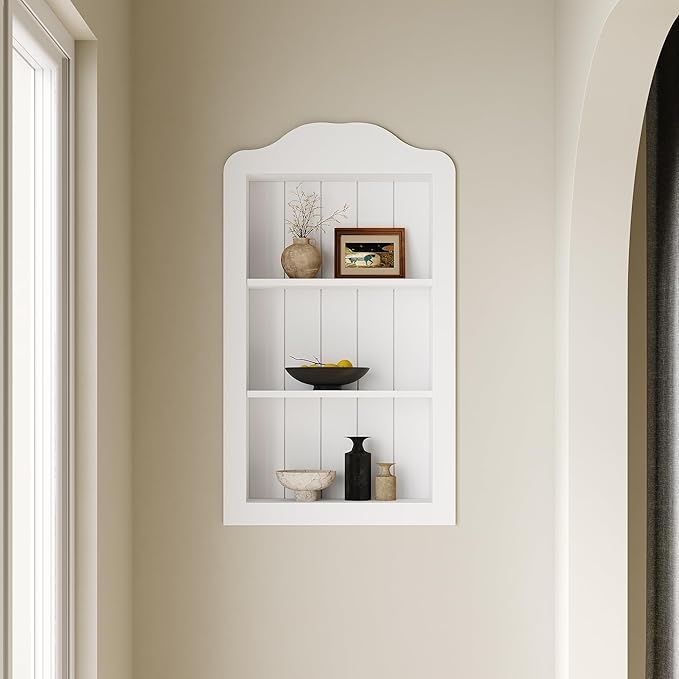 CJL 14'' x 24'' Victorian Recessed Medicine Cabinet, Solid Wood in-Wall Bathroom Cabinet, Wall Niche Shelf, 3-Tier, No MDF, White