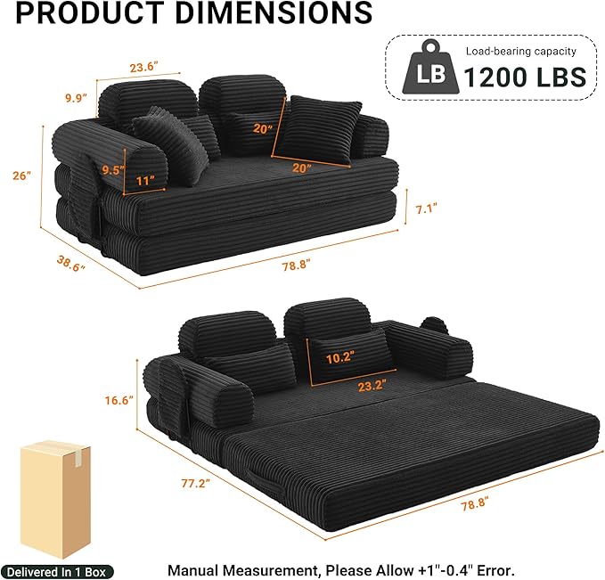 78.8" Convertible Sofa Bed with High Backrest Headrest, 5-in-1 Corduroy Boneless Couch with Side Pocket, Sleeper Loveseat Couch Bed Sectional Couches for Living Room, No Assembly, Black