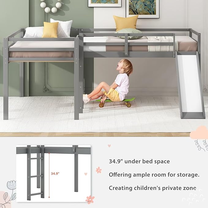 Merax Twin Size Double Loft Bed with Slide and Ladder, Wooden L-Shaped Bed Frame with Full-Length Guardrail, Wood Bedframe for Kids Teens Adults Bedroom, 2 Twin Beds, Grey