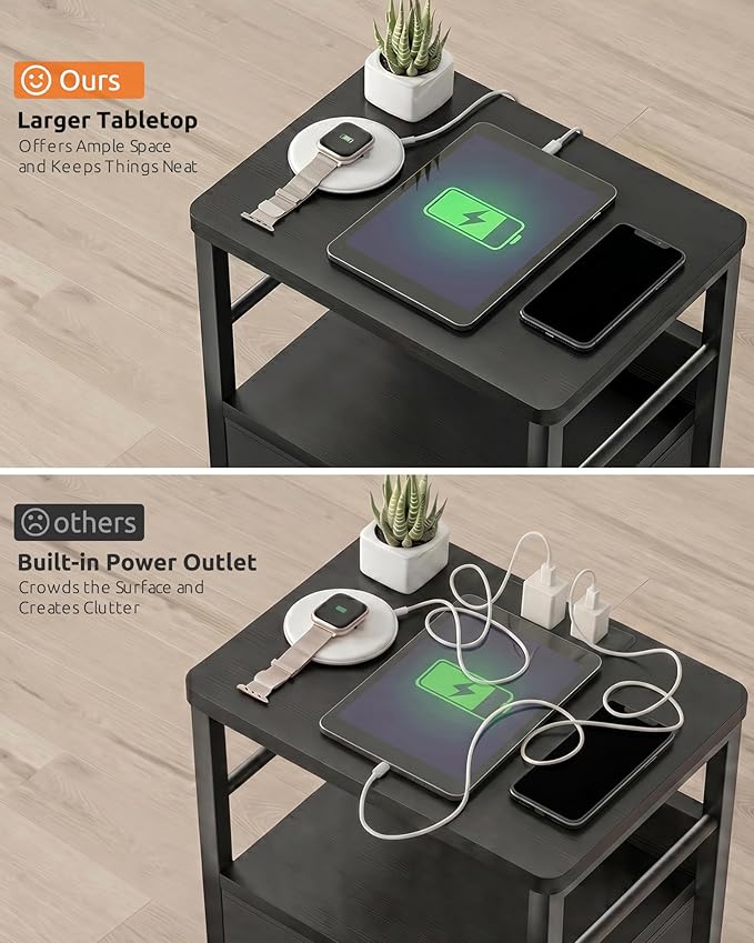 Lazzanto Nightstands Set of 2 with Charging Station, Bedside Tables with Open Shelf & Hooks, End Tables with USB-C USB-A Ports AC Outlets, Night Stand for Bedroom with Fabric Drawer, Black