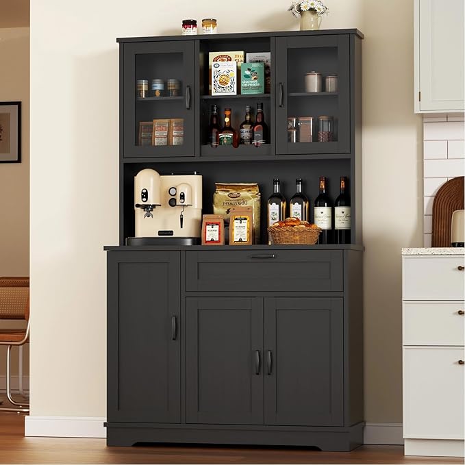 Vongrasig Tall Pantry Cabinet, Kitchen Storage Cabinet with Display Door,Farmhouse Kitchen Hutch with Adjustable Shelves for Dining Room, Black