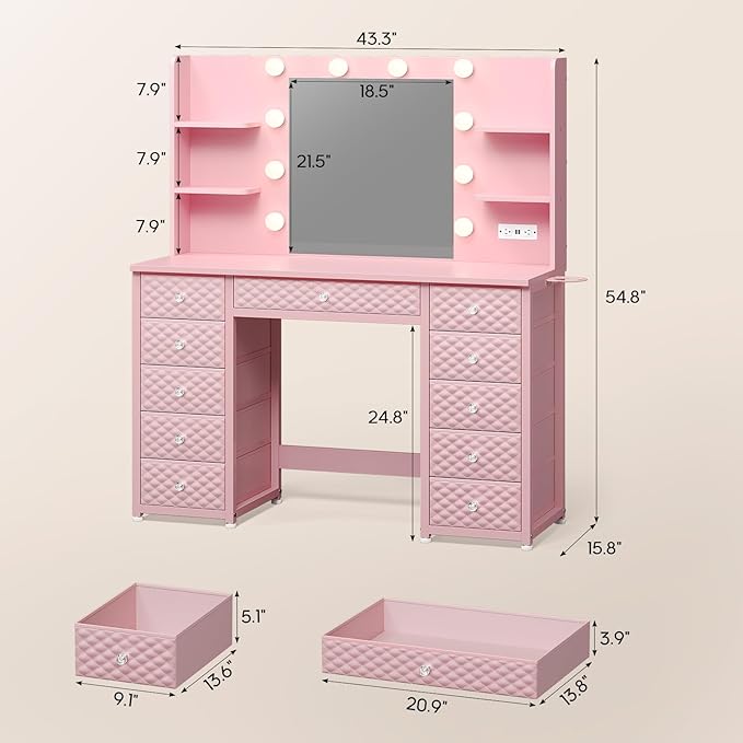 HAUOMS Pink Vanity with Lights and Mirror, 11 Drawer Makeup Vanity with Power Strip, 6 Open Shelves, 43.3” Vanity Desk with Storage, Dressing Table with 3 Color Modes for Bedroom, Women, Girls (Pink)