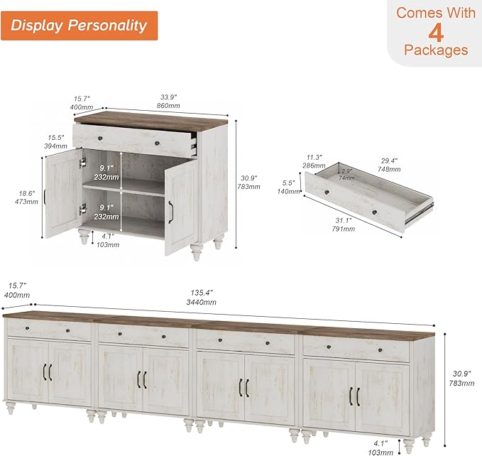 WAMPAT Buffet Cabinet with 8 Doors and 4 Drawers, Modern Coffee Bar Table Wood Kitchen Storage Cabinets, Farmhouse Sideboard Credenza for Dining Room, Rustic White, 134 inch