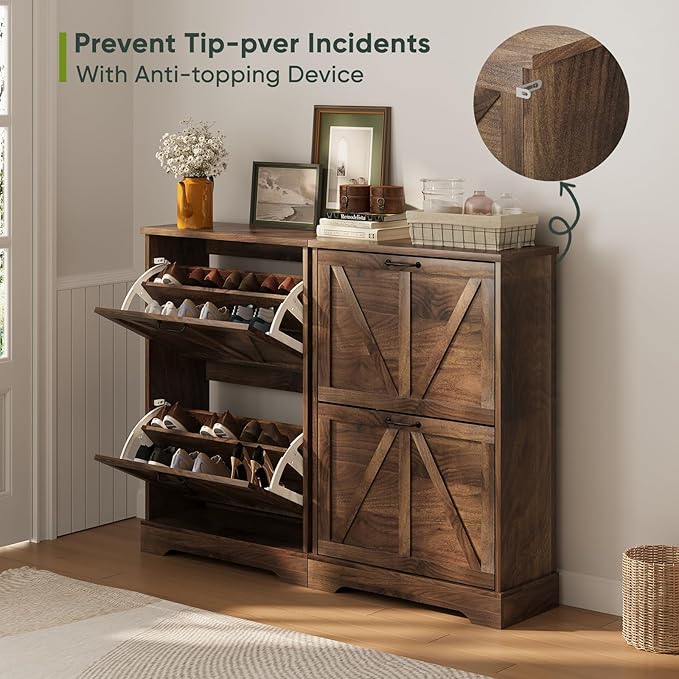Smart FENDEE Shoe Cabinet, Shoe Storage Cabinet for Entryway with 2 Flip Drawers, Narrow Farmhouse Shoe Organizer Cabinet, Slim Shoe Rack Cabinet, 23.6in Walnut