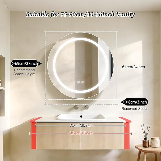 24inch Round Medicine Cabinet with Lights,Led Medicine Cabinet with Defogger,Illuminated Mirror Cabinet for Bathroom,Dimmable,Anti-Fog,3 Colors,Surface Mount Only,Gold