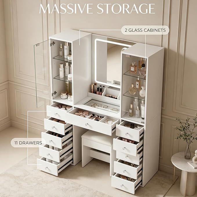 Yanosaku Vanity with 11 Drawers & 2 RBG Lights Cabinets, Makeup Vanity with Mirror and Lights, Vanity Desk with Power Outlet, Tempered Glass Top, Ample Storage, Makeup Vanity Desk for Bedroom, White