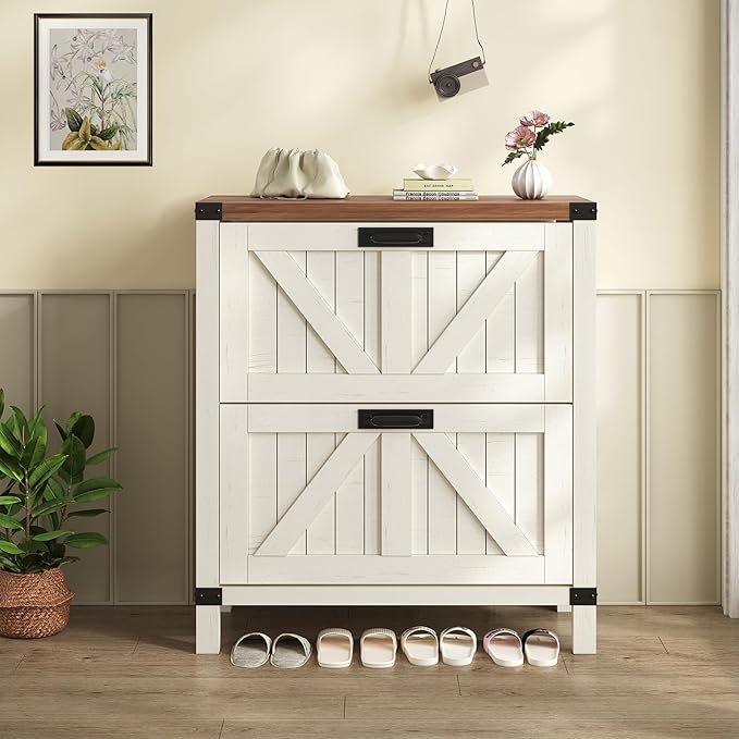 YOMILUVE Shoe Cabinet with 2 Flip Drawers, Farmhouse Shoe Storage Cabinet for Entryway, Slim Shoe Rack Freestanding Shoe Organizer with Barn Door, Brown and White