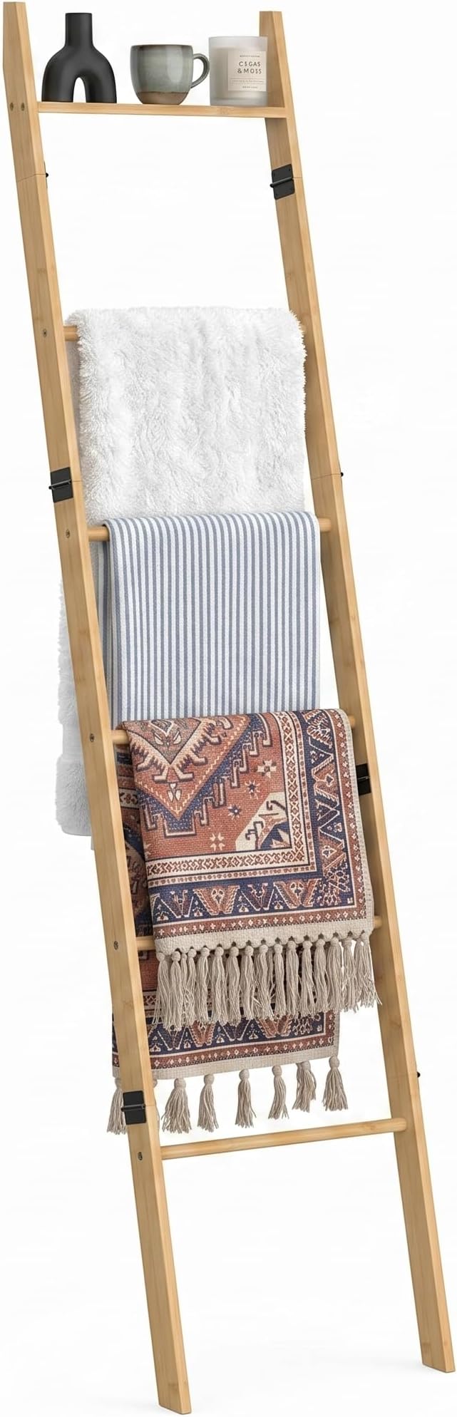 6 Tier Blanket Ladder with Shelf, Wooden Blanket Rack for Living Room, Leaning Towel Ladder Rack for Bedroom, Bathroom, Quilts, Throws, Towels and Farmhouse Décor