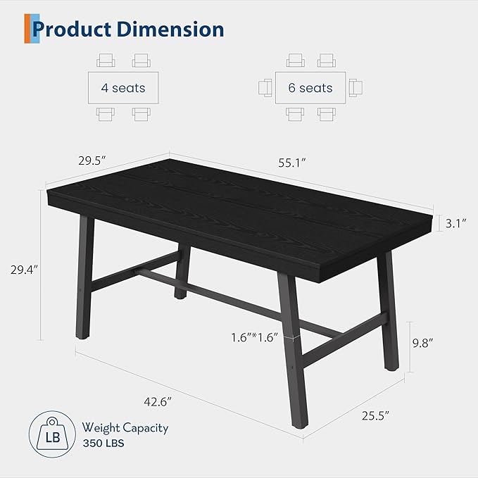 GarveeHome Industrial Dining Table for 2-4, 55" Heavy Duty Rectangular Kitchen Table with 2"×2" Metal Legs, Small Space Dining Table for Kitchen, Dining Room (Black, 55" Non-extendable)