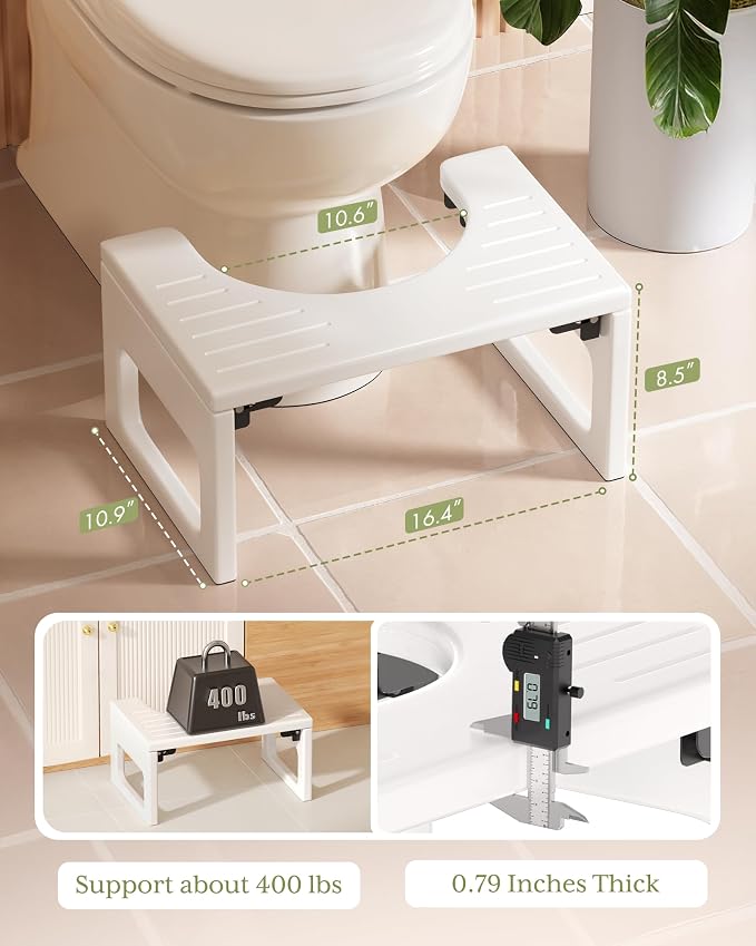 AmazerBath 8.5 Inches Bamboo Toilet Stool Squat for Adults, Collapsible Poop Stool for Bathroom, 0.79" Thickness Squatting Potty with Non-Slip Strip, No Assembly Required, White