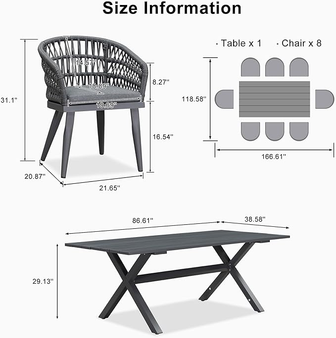 PURPLE LEAF 9 Pieces Outdoor Dining Set All-Weather PE Rattan Outdoor Patio Furniture Set with All Aluminum Frame Rectangular Table and Chairs Set for Lawn Garden Backyard Deck, Grey