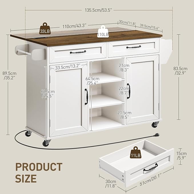 RALGEND Kitchen Island with Storage, Kitchen Rolling Island on Wheels with Power Outlet & Drop Leaf, Kitchen Island Cart with Drawer and Spice Rack, Mobile Island Table for Kitchen,White and Walnut