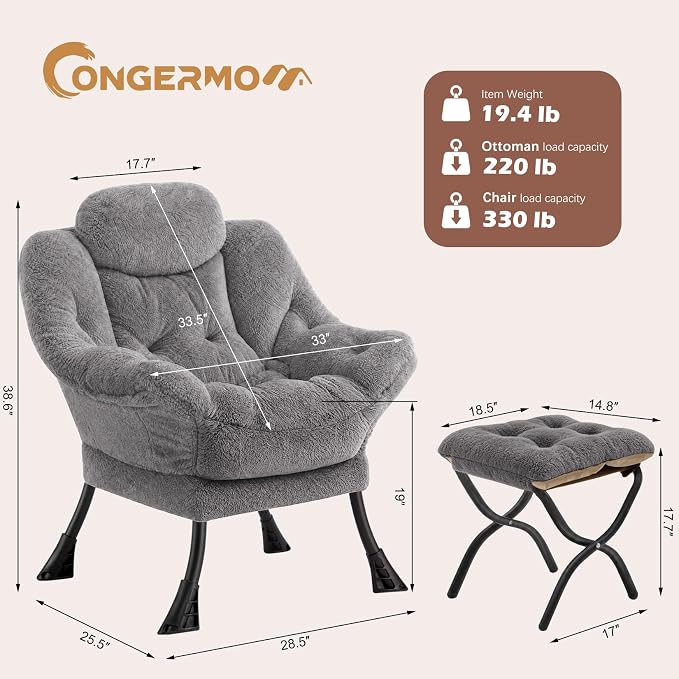 Lazy Chair with Folding Ottoman,Leisure Sofa Chair,Soft Fabric Armchair with Armrests and Side Pockets, Reading Chair with Footrest for Living Room, Bedroom, Office (Plush Light Grey)