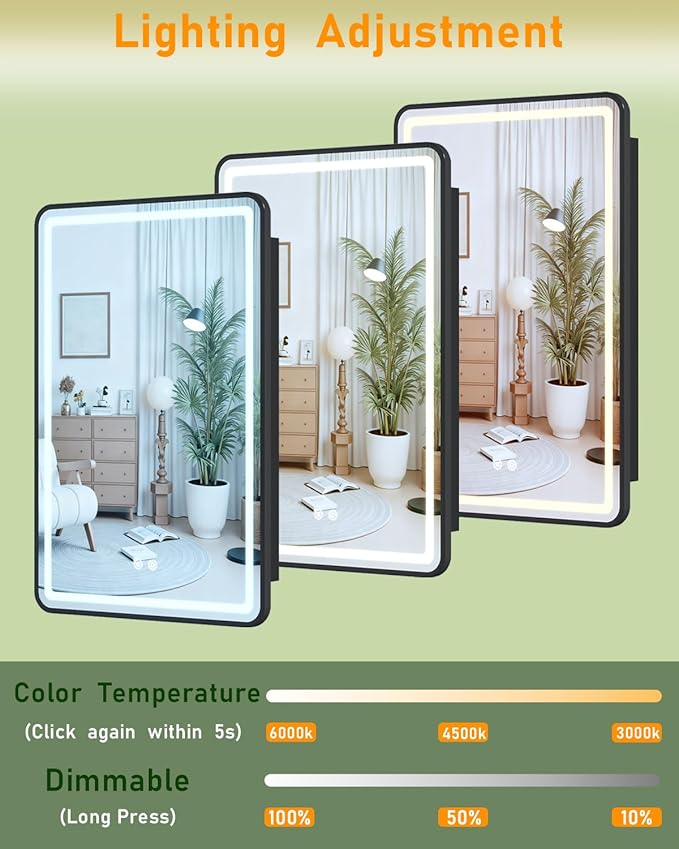 20x30 Inch Lighted Medicine Cabinet with Mirror, LED Bathroom Mirror with Storage Wall Mounted & Recessed Mounted, Anti-Fog, Dimmable 3 Lighting Colors, Memory Function, 3 Shelves & 1 Organizer, Black