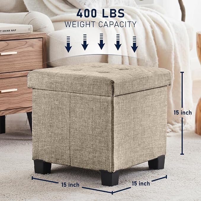 Ornavo Home 15 Inch Folding Storage Ottoman with Storage, Square Cube Linen Small Storage Ottoman Foot Rest Stool with Legs - Tan/Taupe