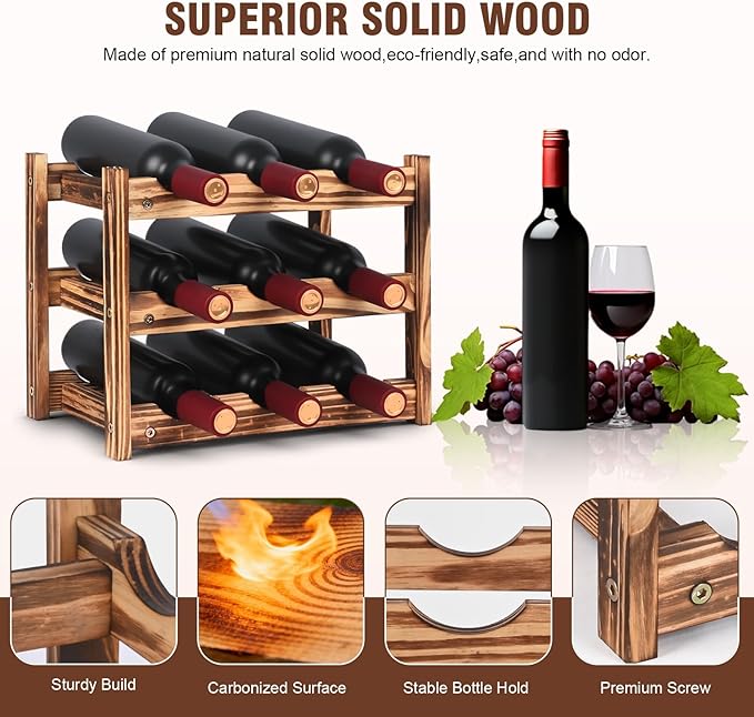 9-Bottle Wooden Wine Rack – 3-Tier Tabletop Countertop Space-Saving Wine Holder with Screwdriver Included, Easy Assembly Wine Storage Shelf for Kitchen, Bar, Pantry & Home Decor