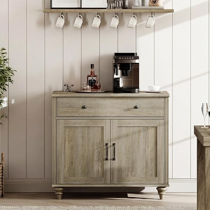 WAMPAT Buffet Cabinet with Doors & Drawer, Large Coffee Bar Table Wood Kitchen Storage Cabinets with Storage Cabinets, Modern Farmhouse Sideboard Credenza for Dining Room, Wash Grey, 34 inch