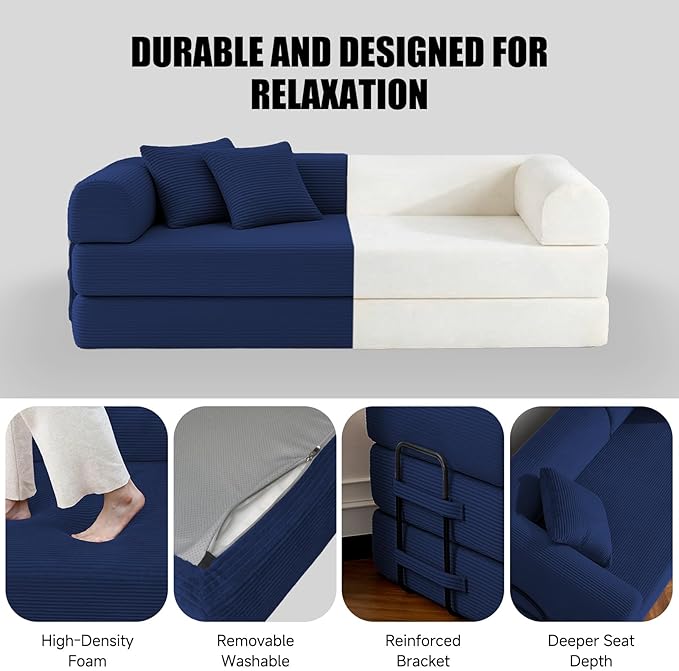 79" Compressed Sofa, Convertible Sofa Bed, Corduroy Compression Boneless Couch with Pillow, Comfy Modular Foldable Floor Sleeper Sofa for Bedroom, Living Room, Lounge, Studio (Dark Blue)